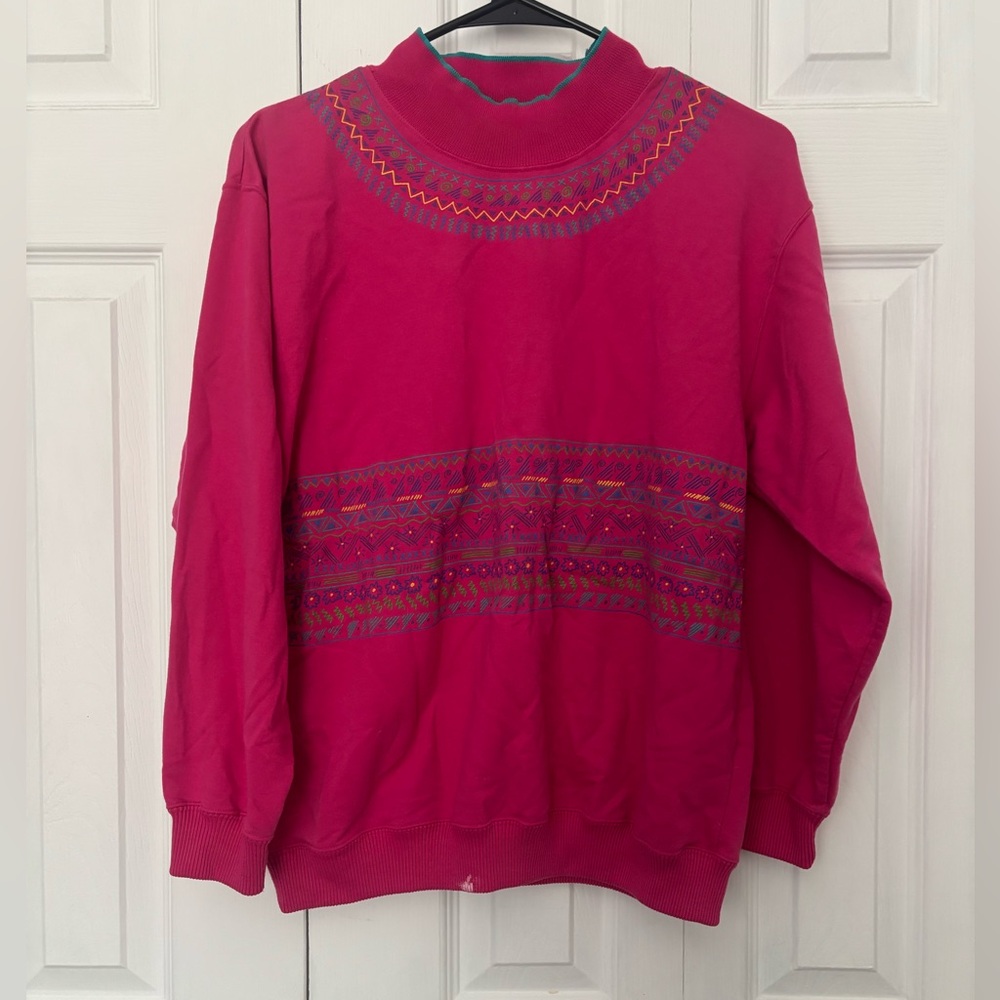 Vintage 80s Blast Vibrant Pink Sweater with Green Trim